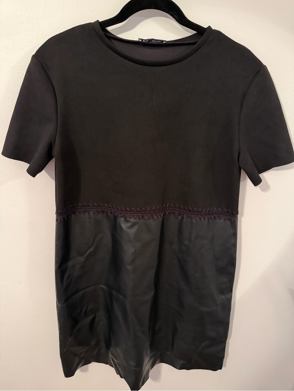 Zara Black Short-Sleeve Mini Dress with Mixed Textures